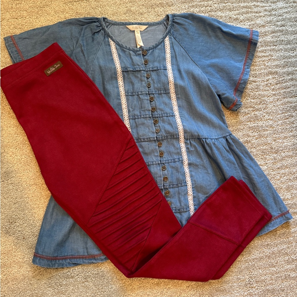 Matilda Jane Sz 14 set chambray shirt red leggings. EUC. Perfect Holiday look!